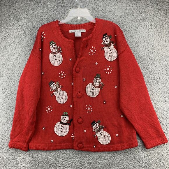 Victoria Jones Christmas Ugly Sweater Beaded Snowman Red Embellished Large L - Picture 1 of 12